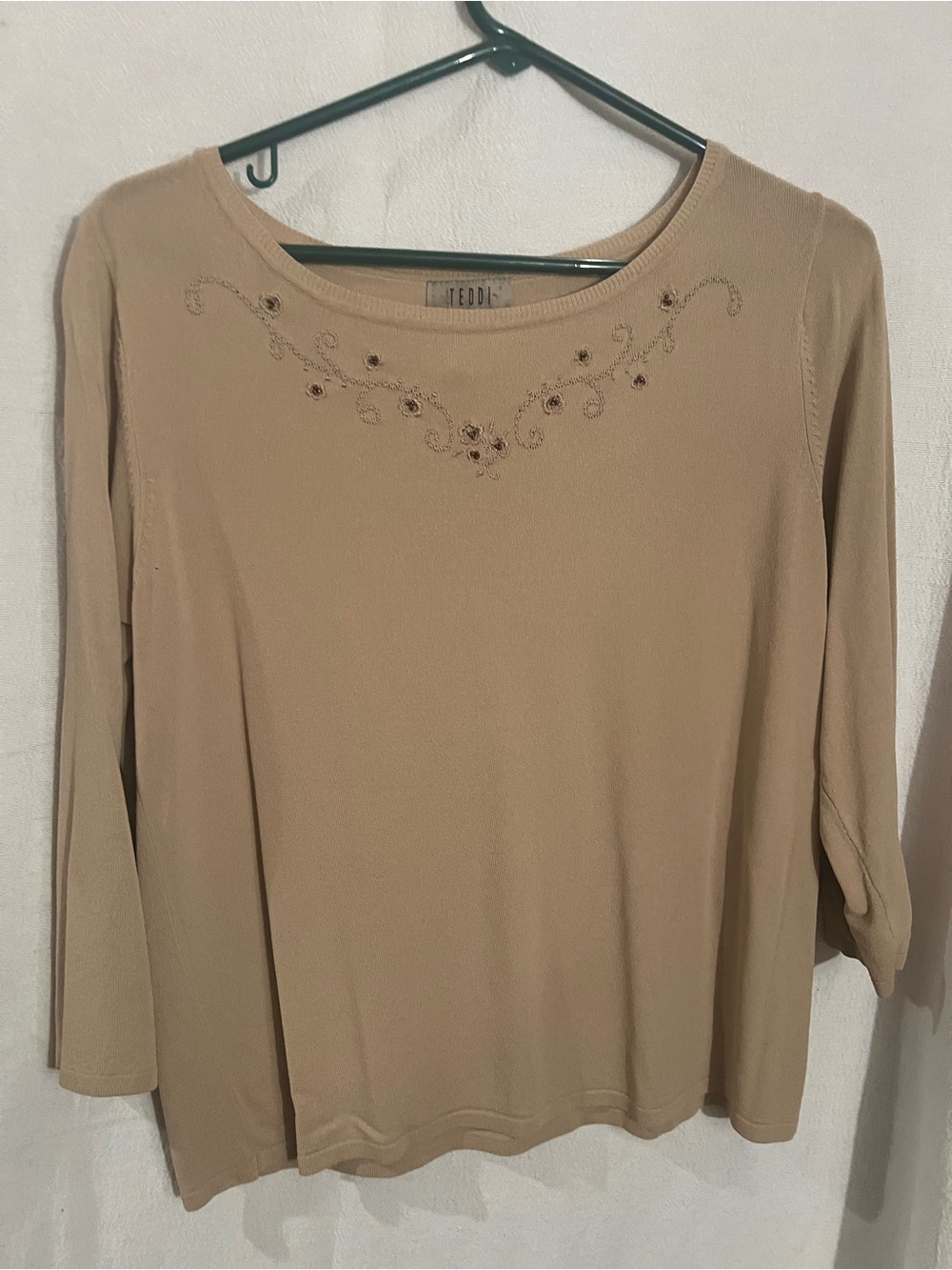 Teddi Beige Long-Sleeve Embellished Crewneck Top